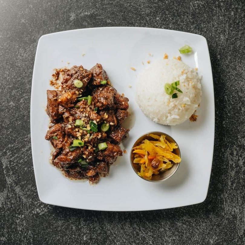 Filipino pork adobo with rice and pickled vegetables on a white square plate.